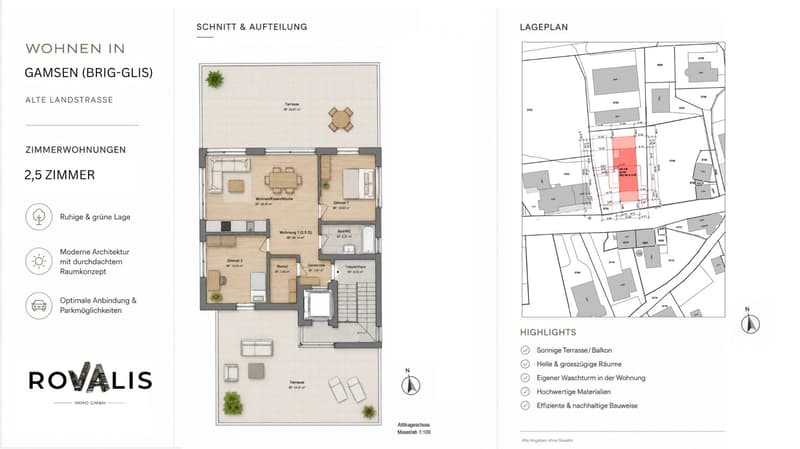 Floor plan of a 2.5-room apartment with living/dining area, kitchen, bedroom, bathroom, hallway, and terrace.