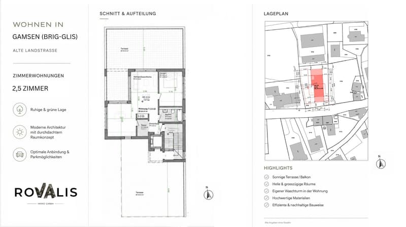 Floor plan showing a 2.5-room apartment layout with a living room, kitchen, bedroom, and terrace. The location map shows the property's placement within the area.