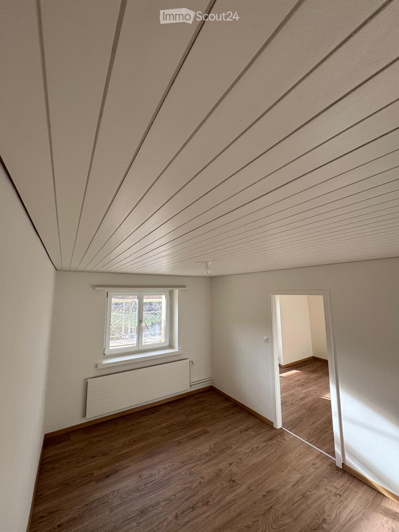 Empty attic room with wooden flooring, white walls, and a slanted ceiling. Features a window with a radiator below and an open doorway leading to another space.