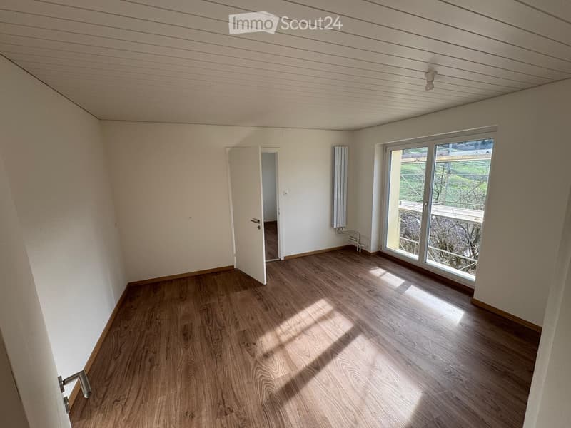Empty room with wooden flooring, white walls, and a large sliding glass door leading to a balcony. The room has a door to another space and a radiator on the wall.