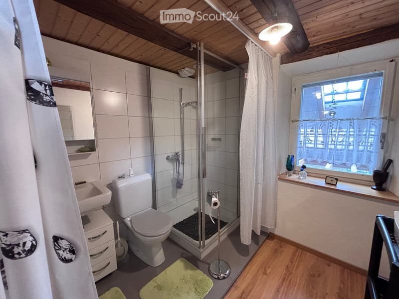 Modern bathroom with a toilet, sink, mirror, glass-enclosed shower, and wooden flooring. Features include a window with white curtains, a small shelf with decorative items, and a light fixture on the ceiling.