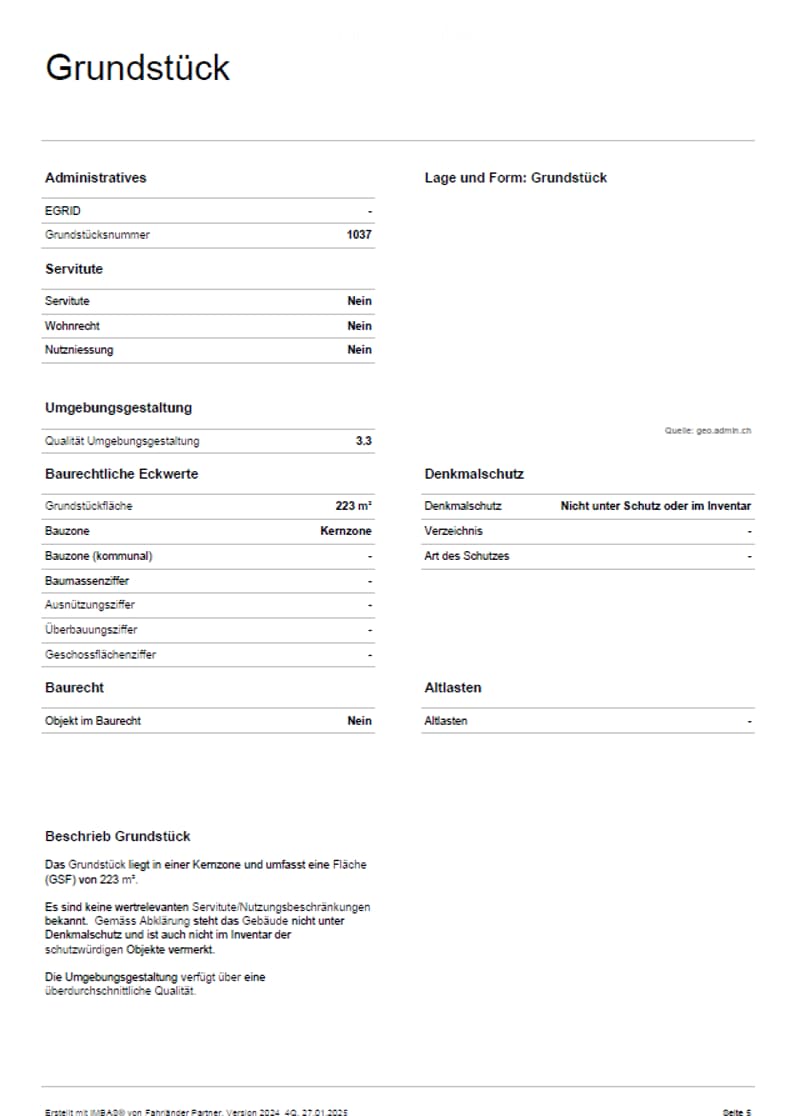 Document page showing property details: land plot information, zoning, area, and environmental quality rating.