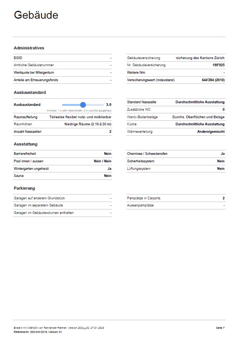 Document detailing building specifications, including administrative data, construction standards, equipment, and parking information.