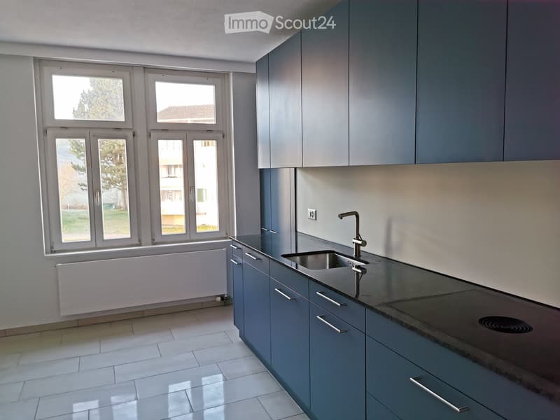 Modern kitchen with grey cabinets, a stainless steel sink, and a sleek countertop. Large windows provide natural light.