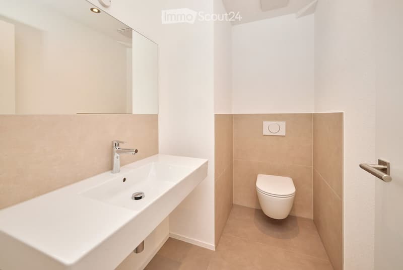 Modern bathroom with a white sink, chrome faucet, and a toilet. Light-colored tiles and a sleek design.