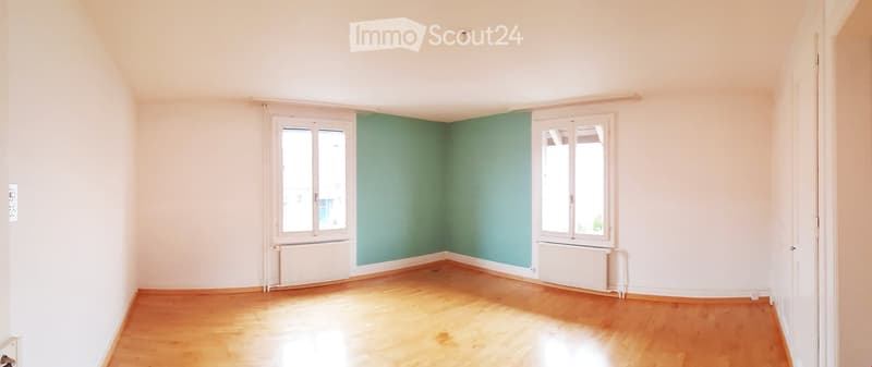 Empty room with wooden flooring, white walls, and two windows with white frames. Green accent wall in one corner, radiators beneath windows, and a visible electrical outlet on the left wall.