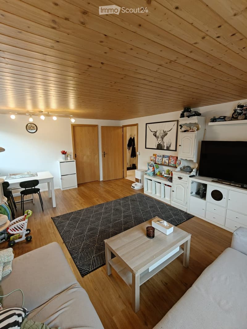 Living room with wooden floors, a sofa, coffee table, TV, and various furniture and decor items.