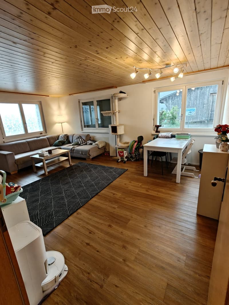 Bright living room with wooden floors, large windows, a grey sectional sofa, coffee table, cat tree, dining table with chairs, and a patterned rug.
