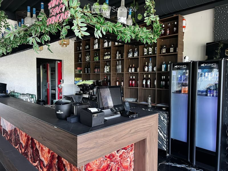 Modern bar area with a wooden counter, shelves filled with bottles, two refrigerators, a computer, a cash register, and a coffee machine. Potted plants and decorative lighting are also present.