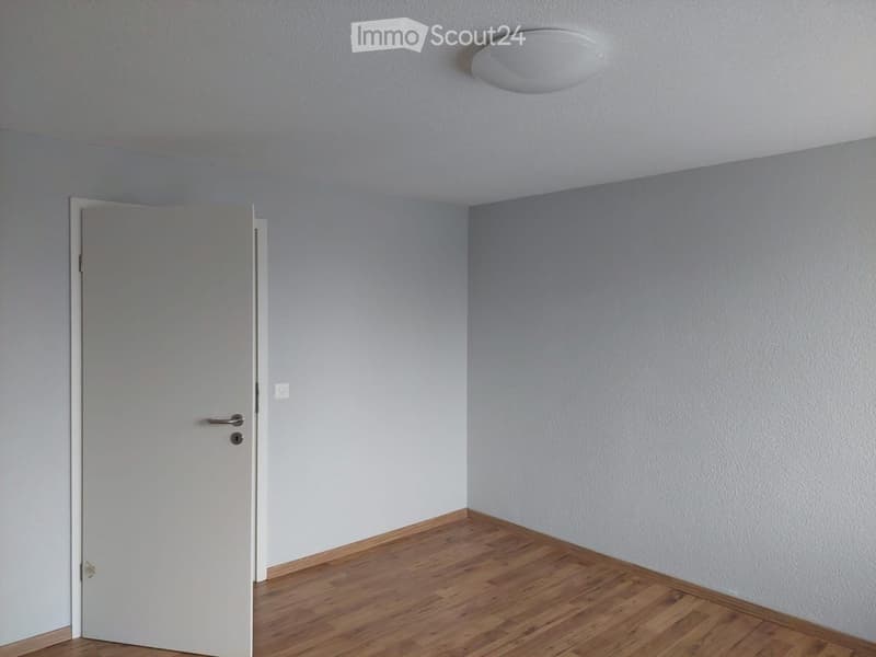 Empty room with light grey walls, wooden flooring, and a white door with a silver handle.