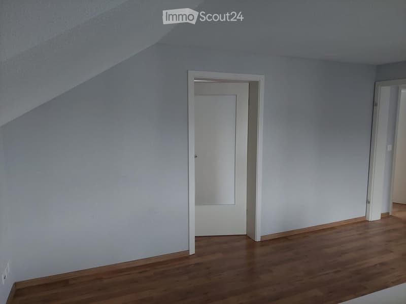 Empty room with light grey walls and wooden flooring, featuring two white doors and a slanted ceiling.