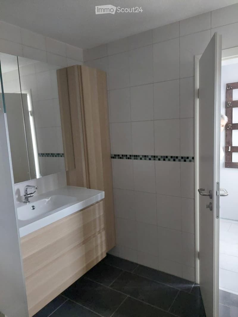 Modern bathroom with a white sink, wooden cabinet, and mirror. The walls are tiled in grey with a decorative border near the top.