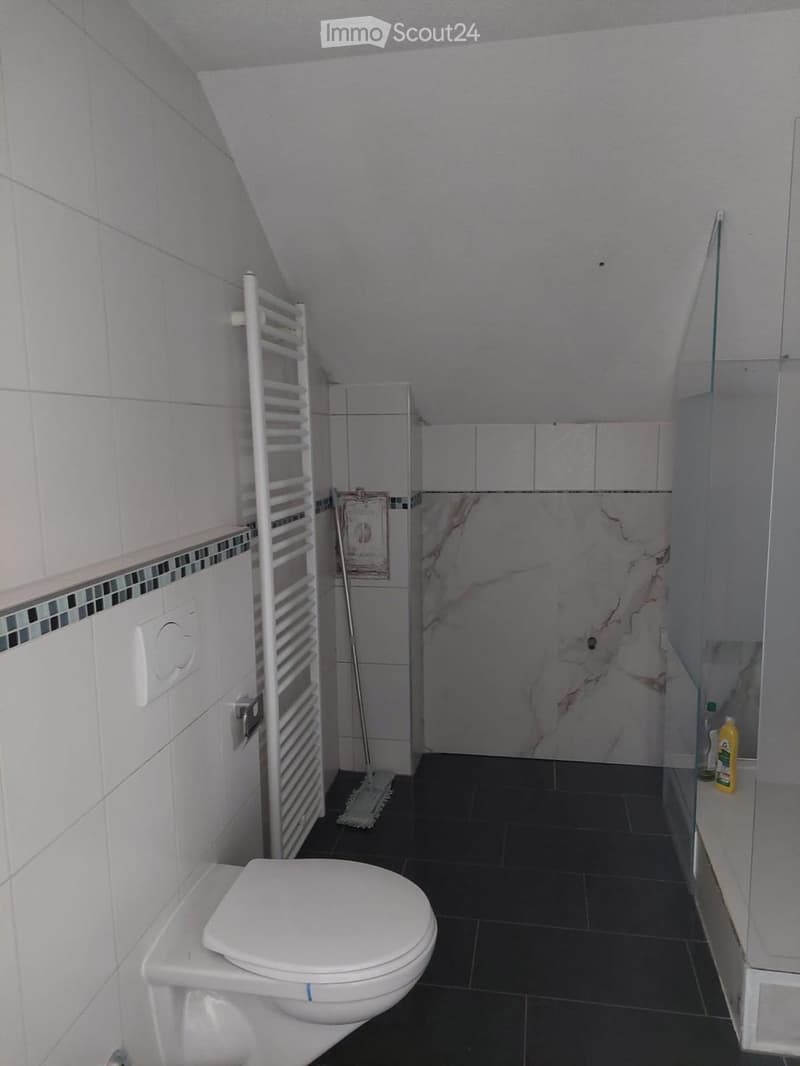 Bathroom with white tiled walls, black tiled floor, toilet, radiator, mop, and cleaning supplies in the shower area.