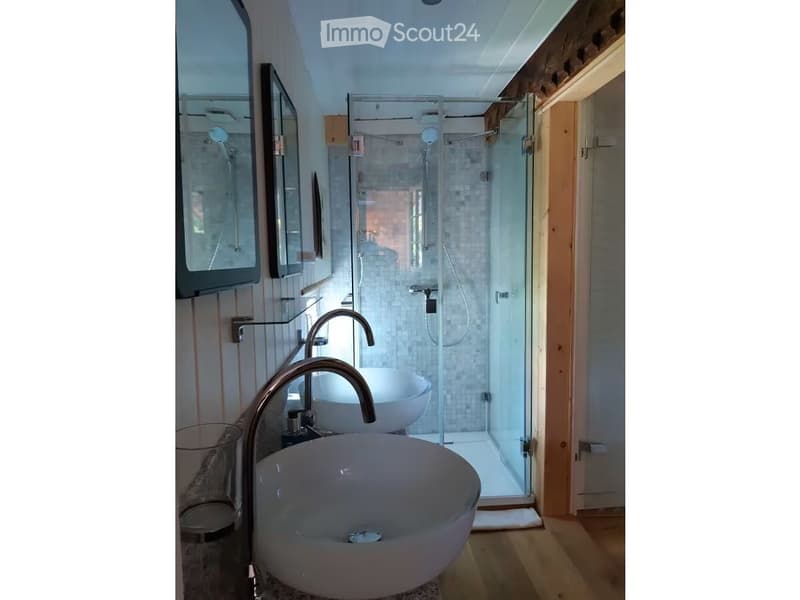 Bathroom. Modern bathroom with a double sink, sleek faucet, large mirror, and a glass-enclosed shower area.