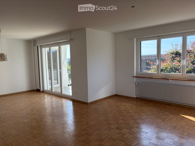 Empty room with wooden parquet flooring, large windows, sliding glass doors, radiator, and a hanging lamp.