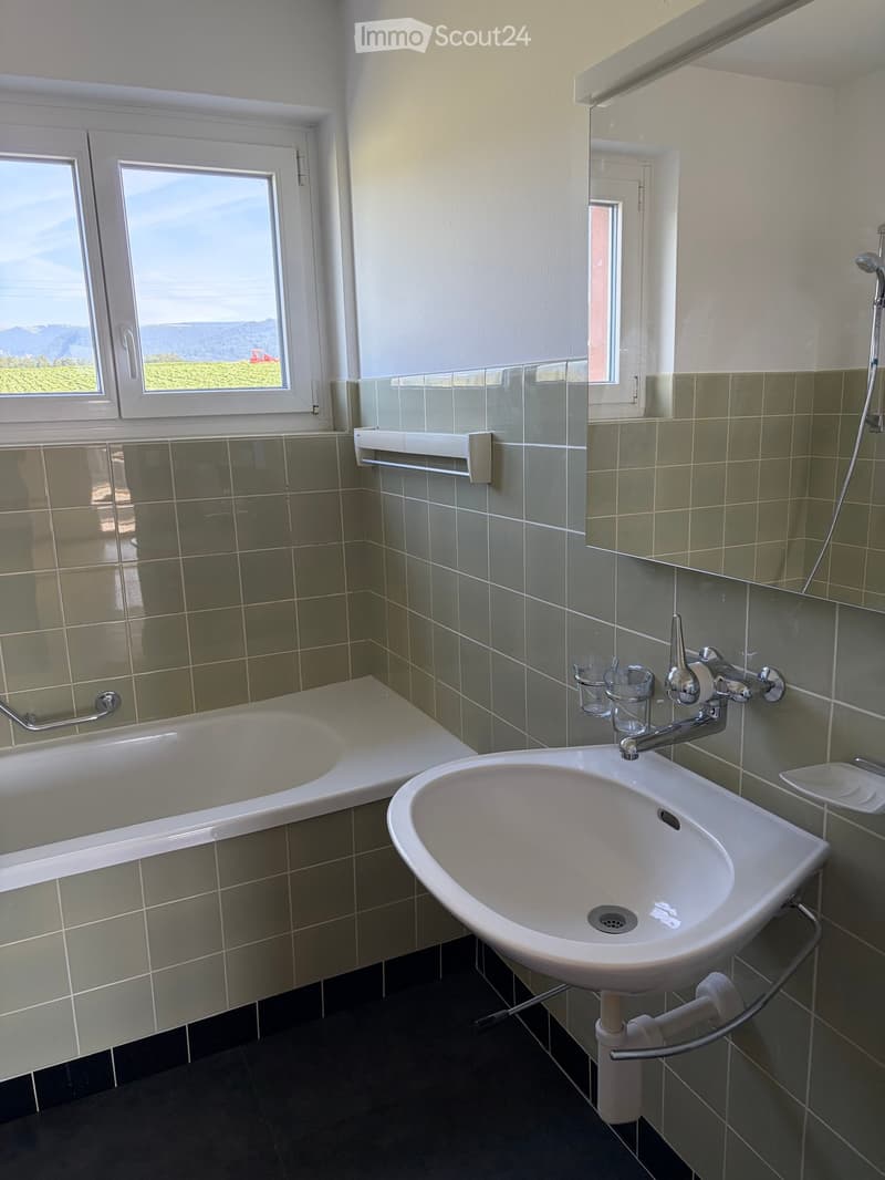 Bathroom with a bathtub, sink, faucet, mirror, and two cups on the sink counter. The walls are tiled in a light green color, and there is a window with a scenic view.