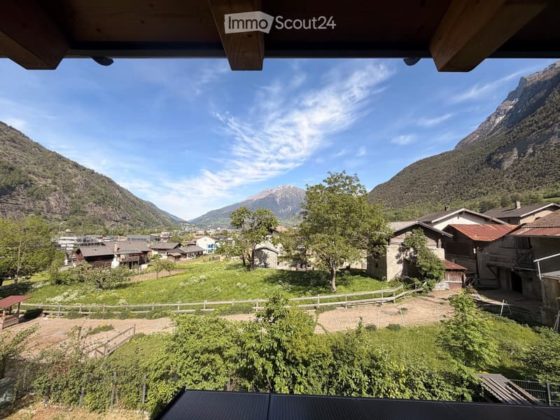 Mountain view, houses, trees, grass, fence