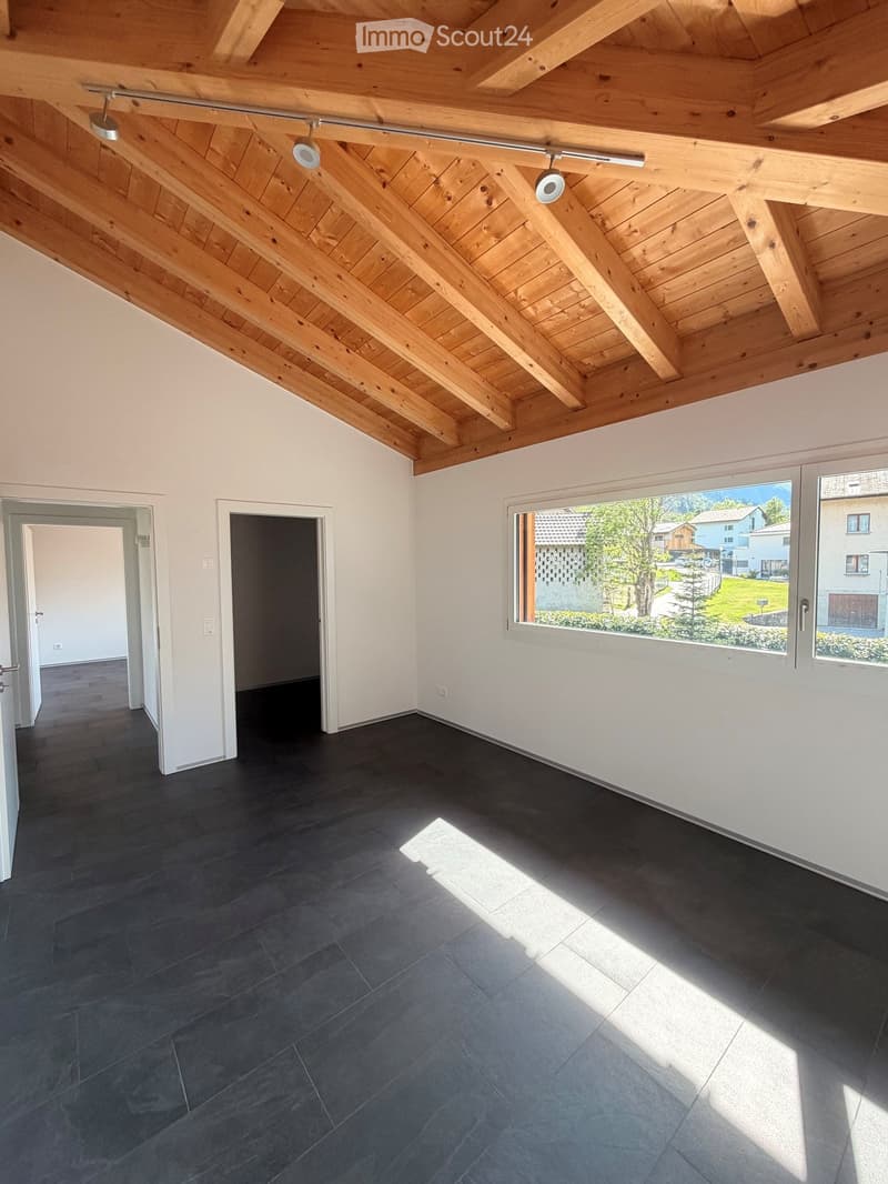 empty room, wooden ceiling, white walls, black floor, large windows, view of the outside