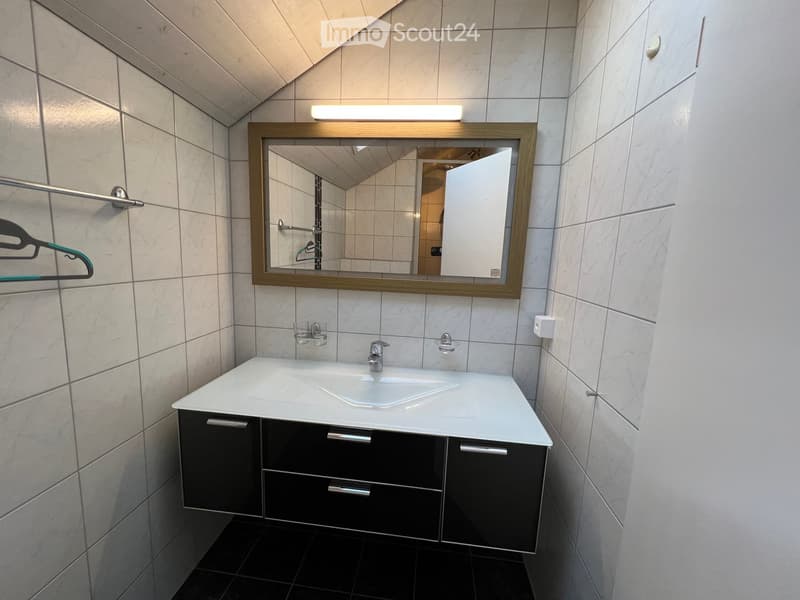 Modern bathroom with a white sink, dark cabinets, and a large mirror with wooden frame.
