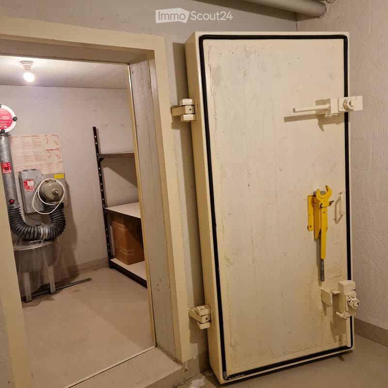 An empty room with a large, open metal door and a small, enclosed space containing a fan and a shelf with a cardboard box.