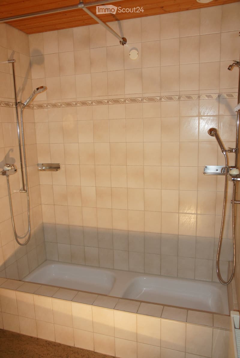 Modern bathroom with a bathtub, dual showerheads, and tiled walls.