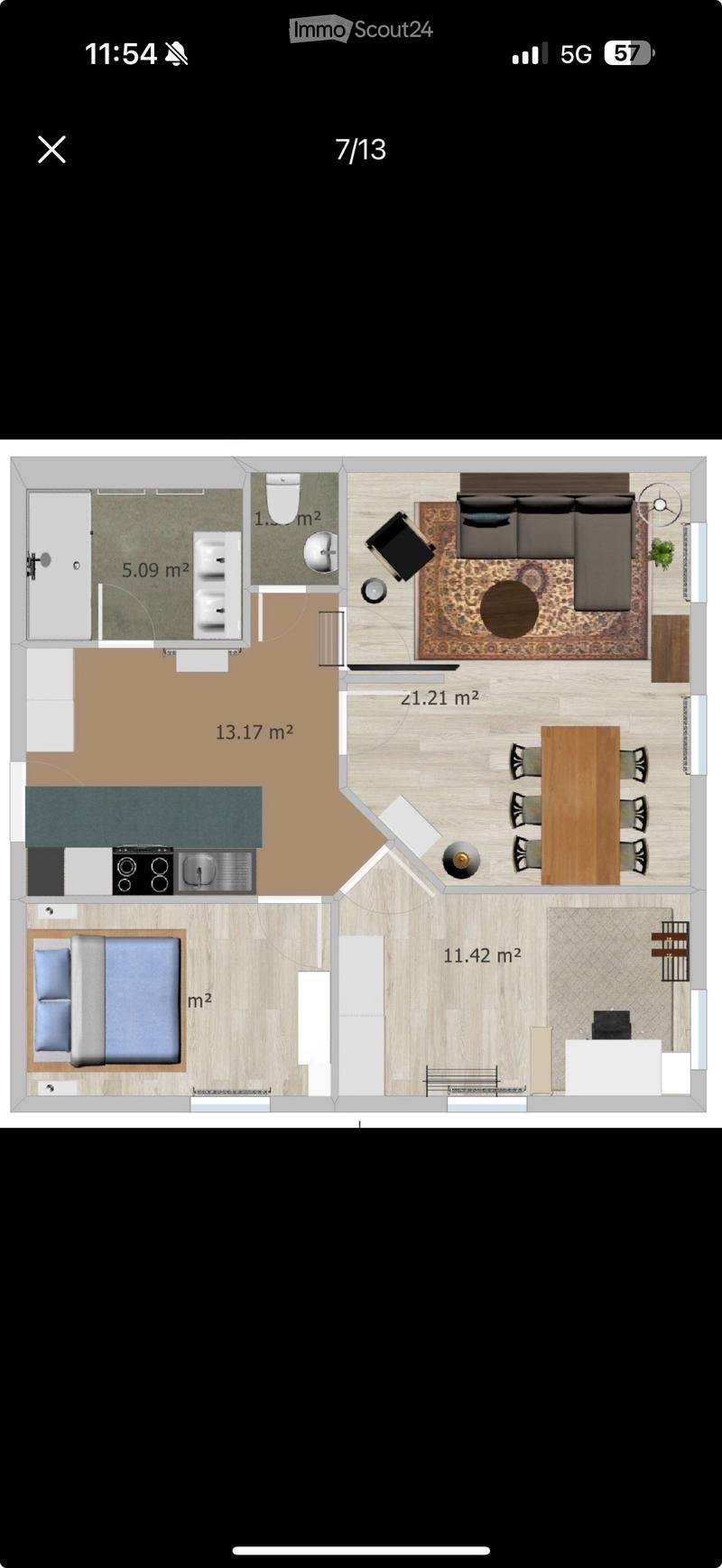Floor plan of a 7/13 apartment showing a living room, dining area, kitchen, bedroom, and bathroom. Includes a hallway and a small entryway.