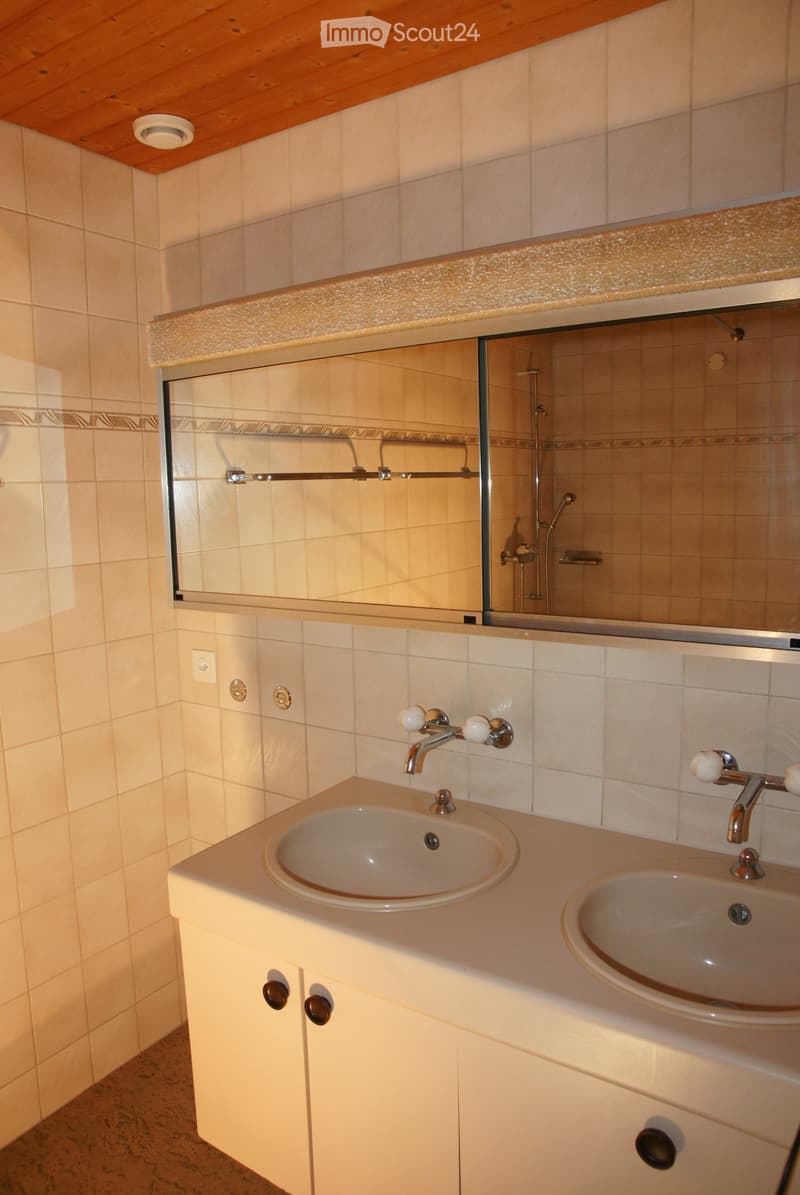 Modern bathroom with two sinks, a mirror, and a glass-enclosed shower area.