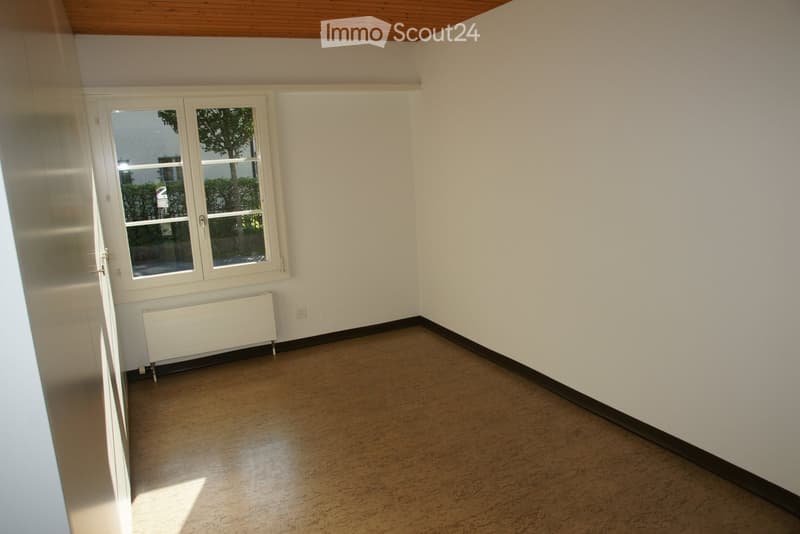 Empty room with wooden flooring, white walls, and a window with white frames. A radiator is visible below the window.