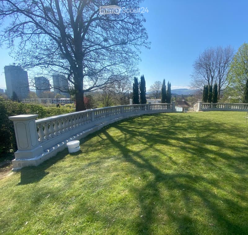 Well-kept lawn, stone fence, bushes, trees, distant buildings