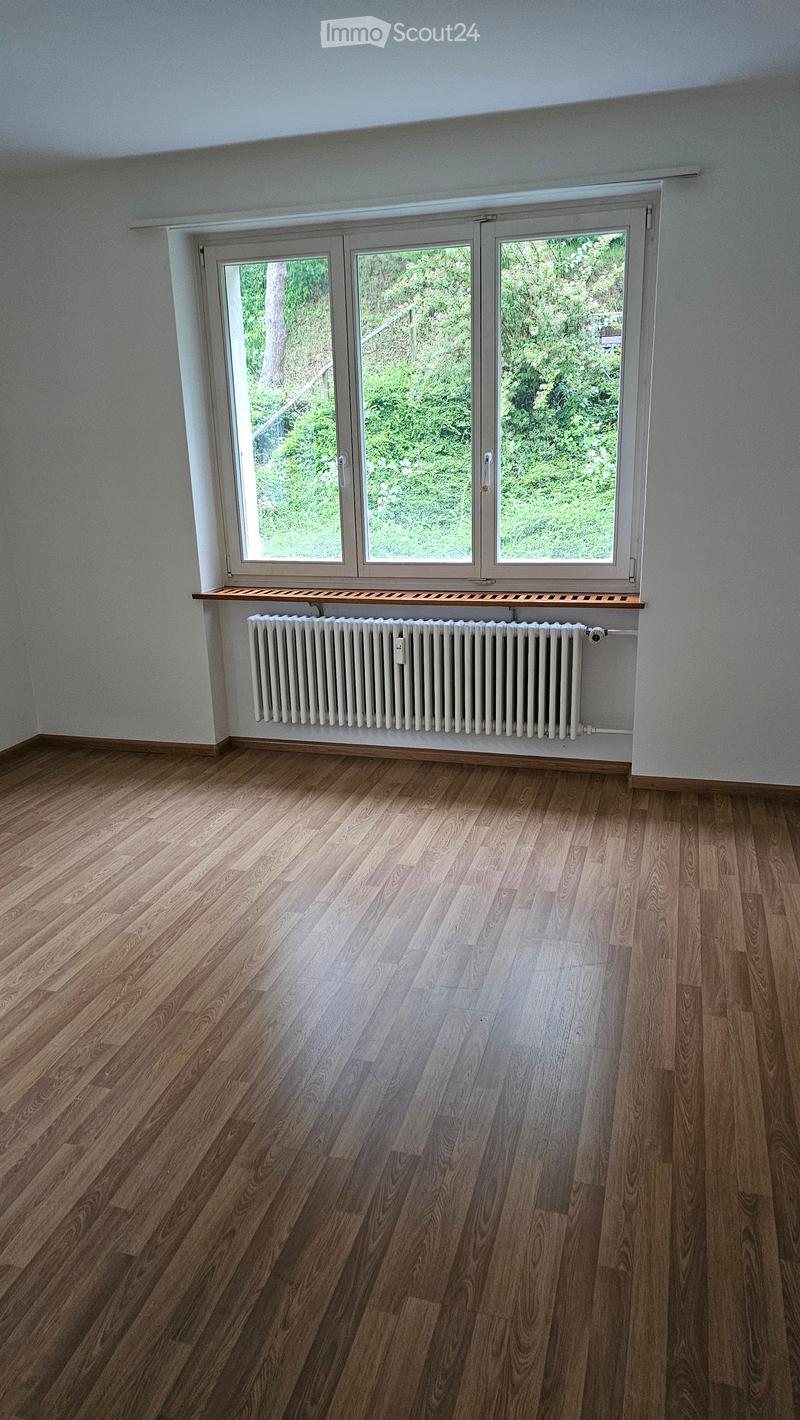 Empty room with wooden flooring, white walls, large window with a radiator below, and a small wooden shelf above the radiator.