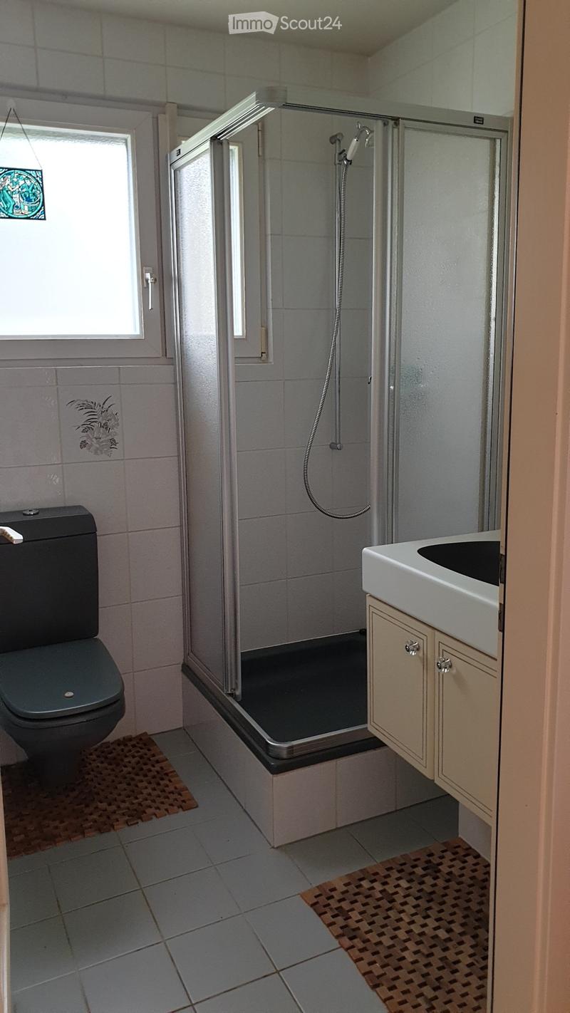 Bathroom with a toilet, sink, shower, and cabinet. The shower has a glass enclosure, and the floor is tiled with small wooden mats placed in front of the toilet and sink.