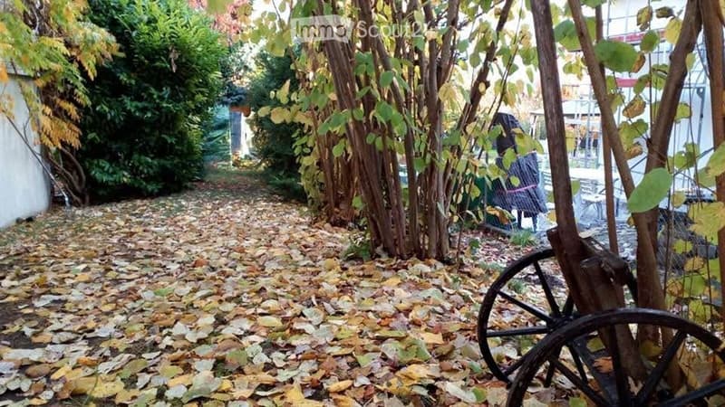 A narrow garden pathway lined with trees and covered in fallen leaves, with a wooden wheel and a small bench visible.