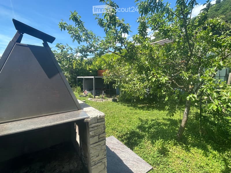 A grassy outdoor area with a stone barbecue, trees, and a small shed in the background.