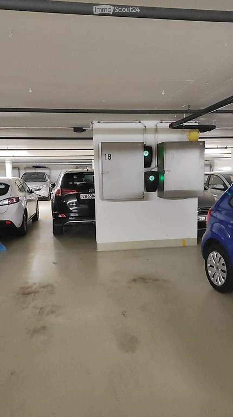 Underground parking area with several parked cars, marked spaces, and a traffic light system.