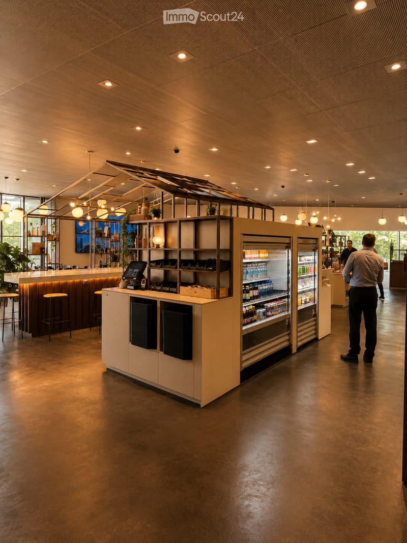 Modern, well-lit lounge area with a central counter, refrigerator, shelves, and seating. The space features a polished concrete floor and a sleek, contemporary design.