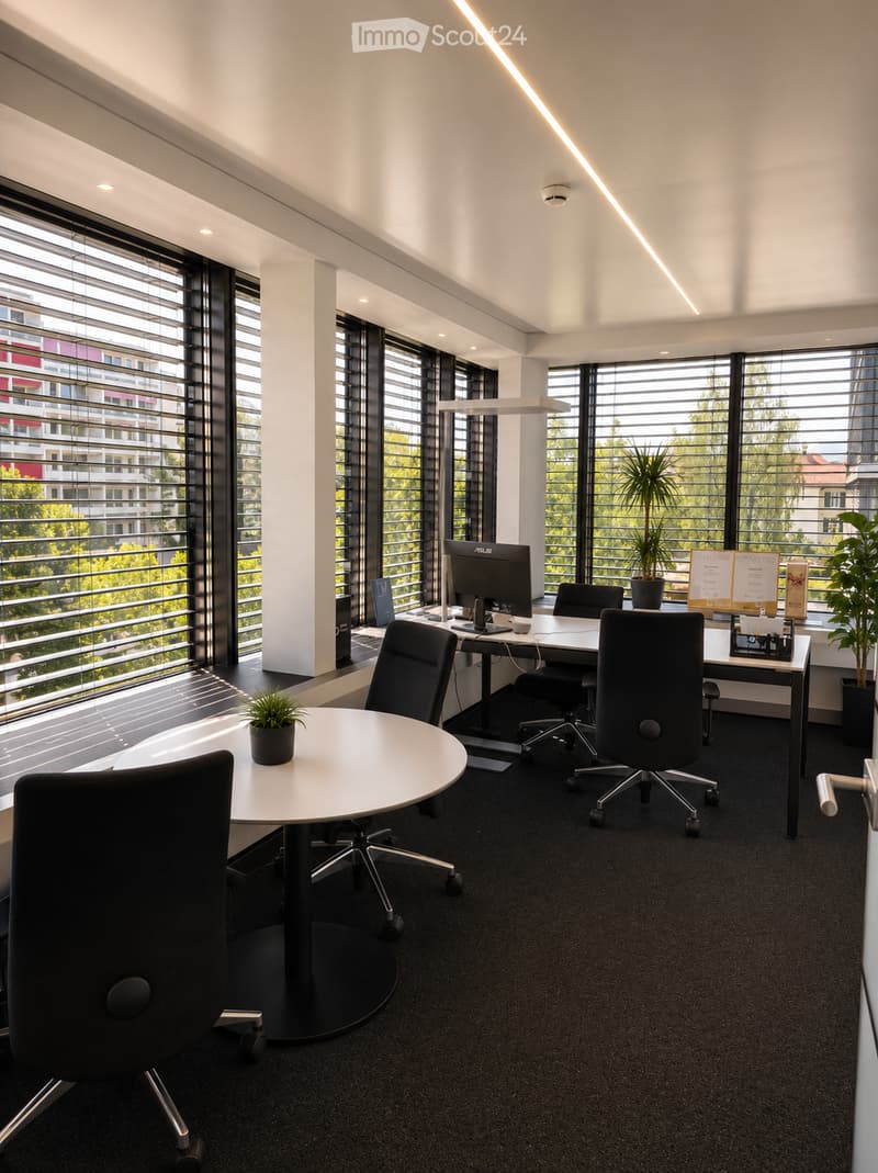Modern office space with large windows, black chairs, white table, computer screen, potted plants, and a lamp.