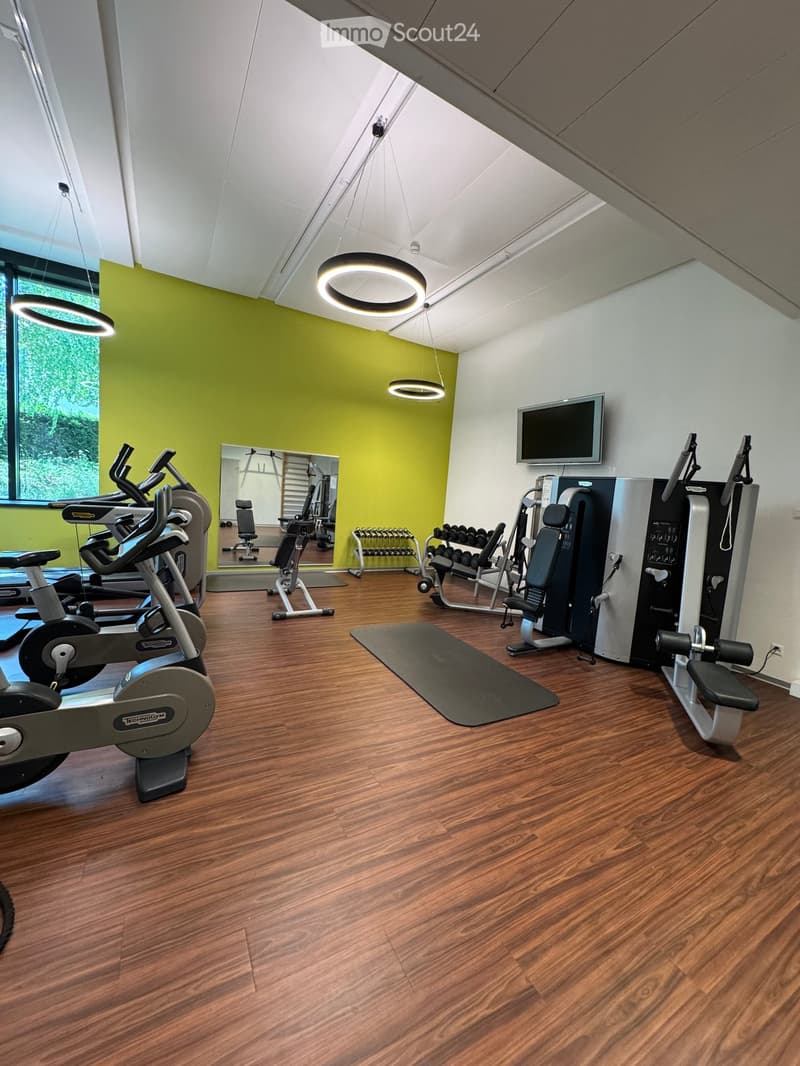 Modern fitness room with wooden flooring, large windows, exercise bike, dumbbells, mirror, television, yoga mat, elliptical machine, and treadmill.