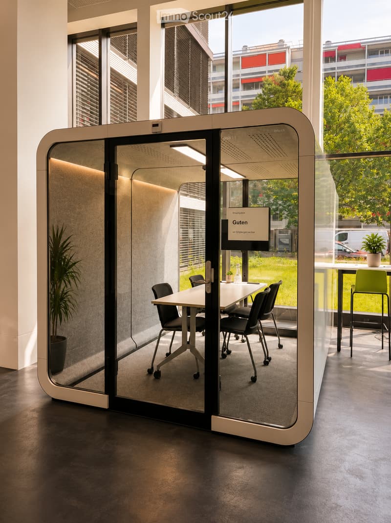Modern office space with a glass door, a small meeting table with chairs, a potted plant, and a digital screen displaying a greeting.