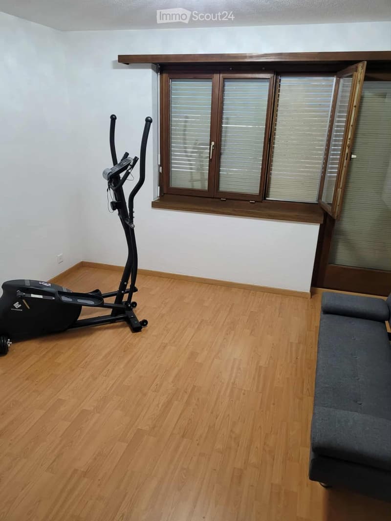 A room with wooden flooring, a grey sofa, and an exercise bike positioned near a window with wooden frames and blinds.