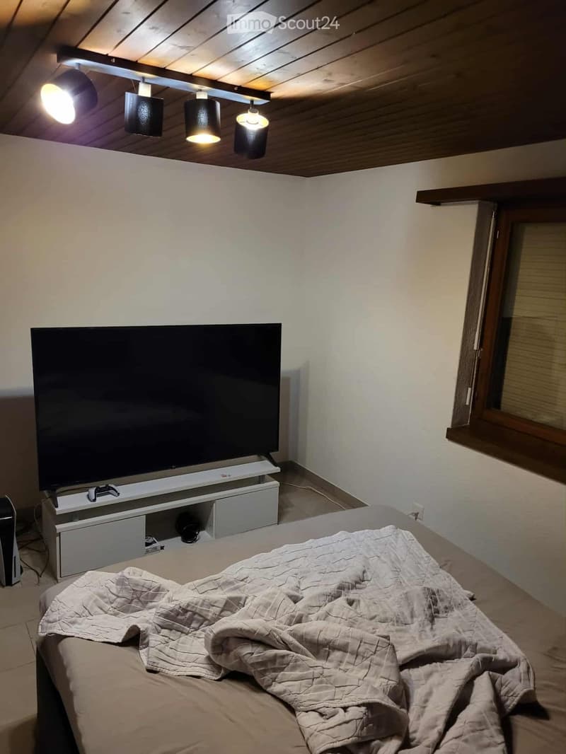 Cozy bedroom with a large bed, a television on a stand, and modern ceiling lights.