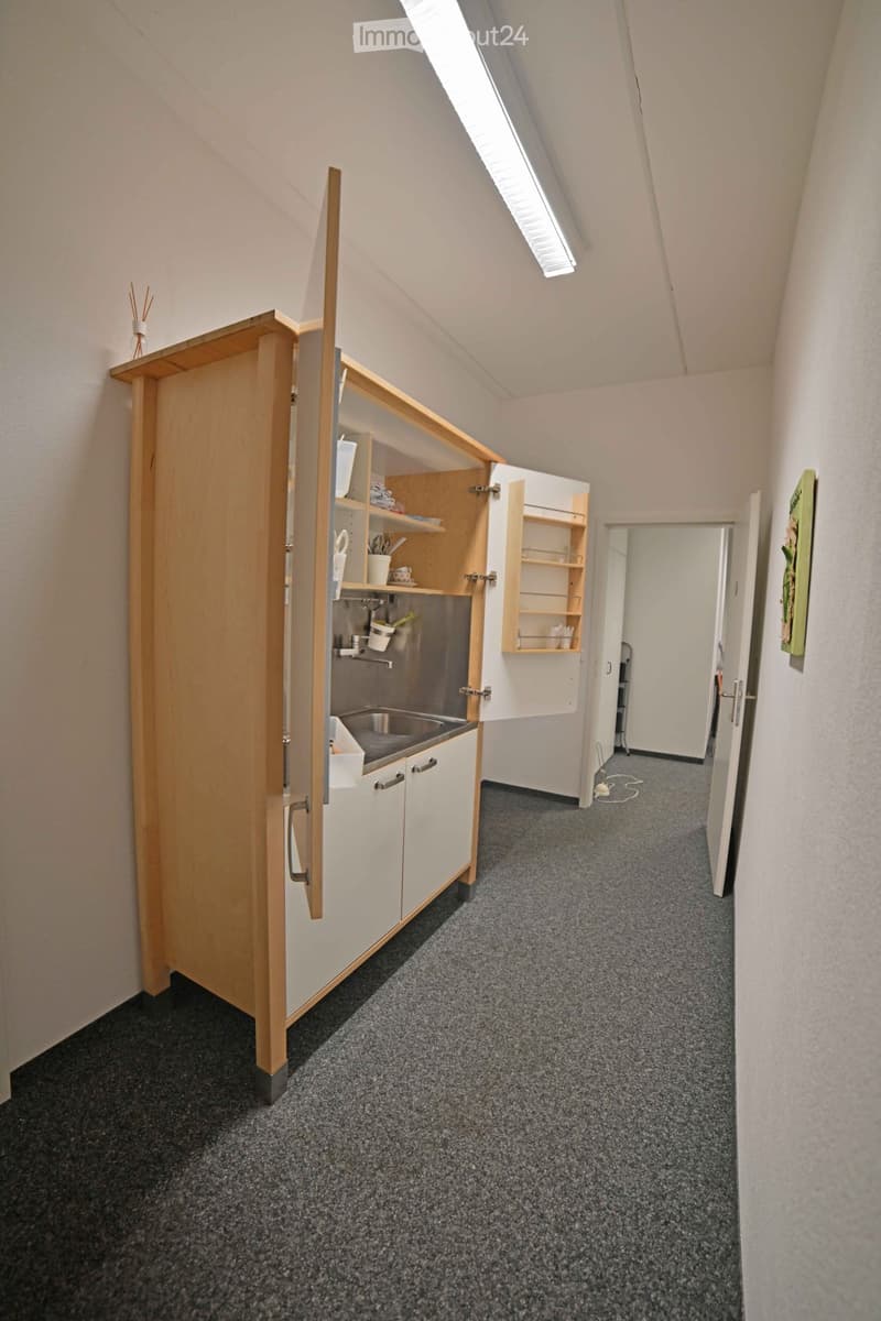 A narrow hallway with grey carpeted flooring, white walls, and a small kitchenette area featuring wooden cabinets, a sink, and shelves. The hallway leads to an open doorway.