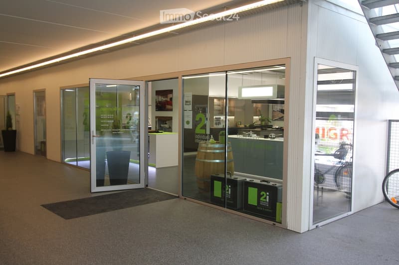 glass entrance, carpet, barrel, plants, kitchen counter