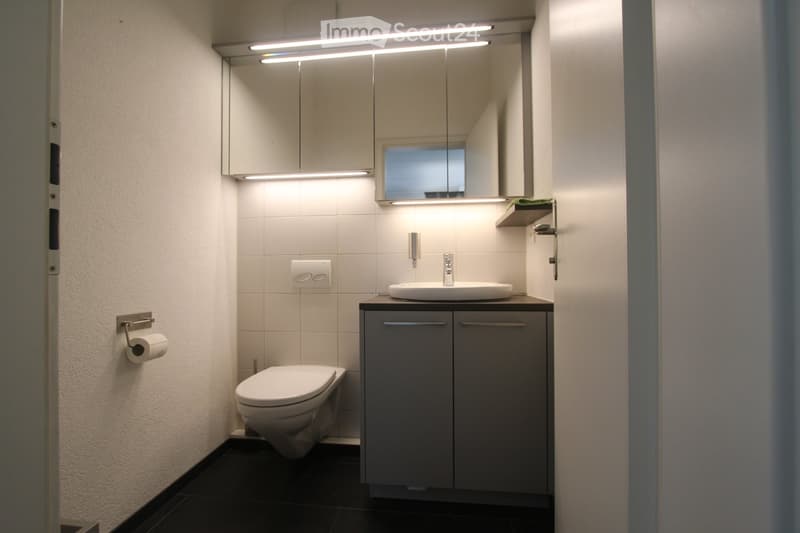 small bathroom with toilet, sink, and mirror, cabinets with storage, white tiles, and black floor tiles