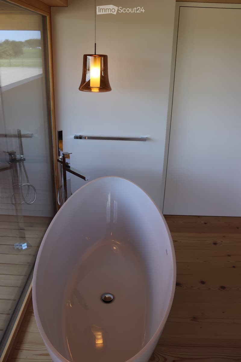 Modern bathroom with a freestanding bathtub, sleek faucet, and a hanging glass light fixture above the tub.