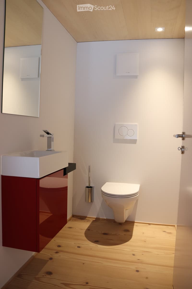 Modern bathroom with a white sink, chrome faucet, toilet, and a red cabinet. The room features light wooden flooring and white walls.