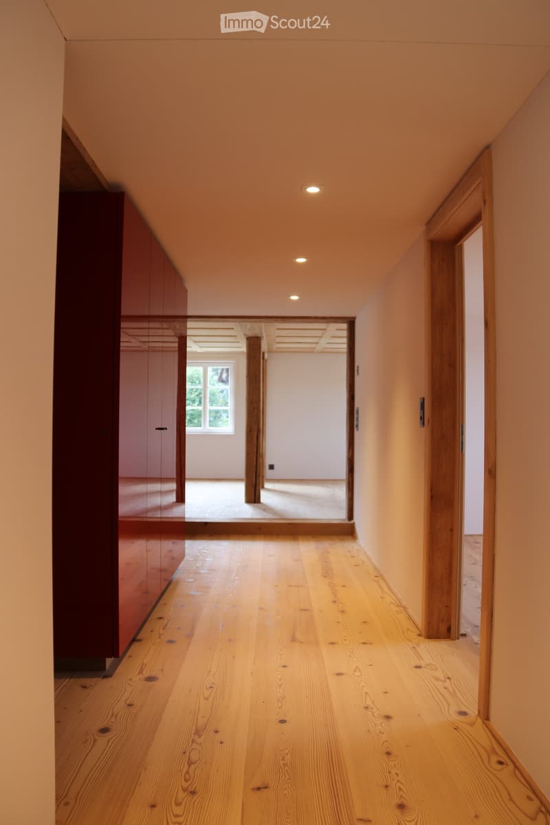 A modern hallway with wooden flooring, warm lighting, and a glass-paneled door leading to another room.