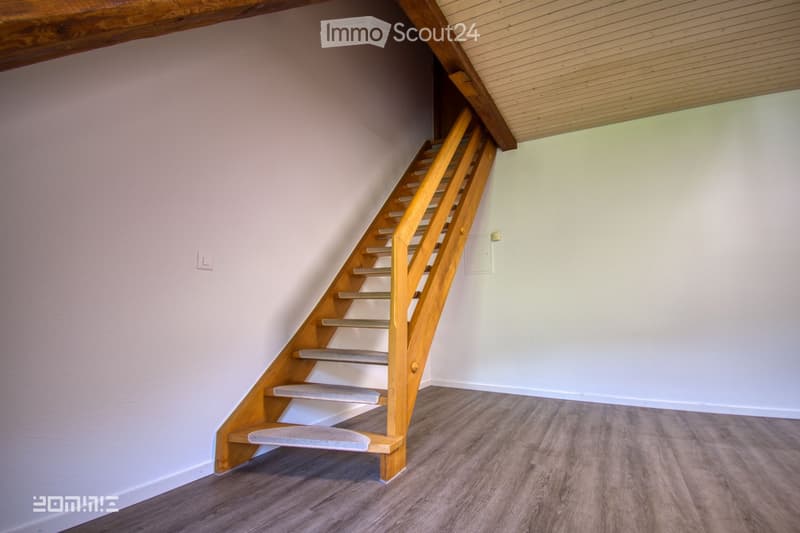 A narrow, wooden staircase with carpeted steps leads upwards in a well-lit hallway with light-colored walls and wooden flooring.
