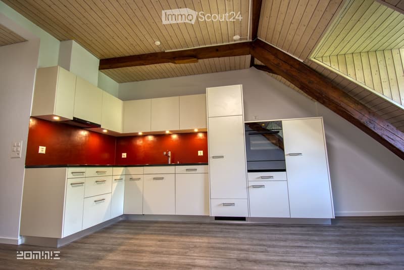 Modern kitchen with white cabinets, stainless steel appliances, and a red backsplash. The space features a wooden ceiling with exposed beams and a wooden floor.