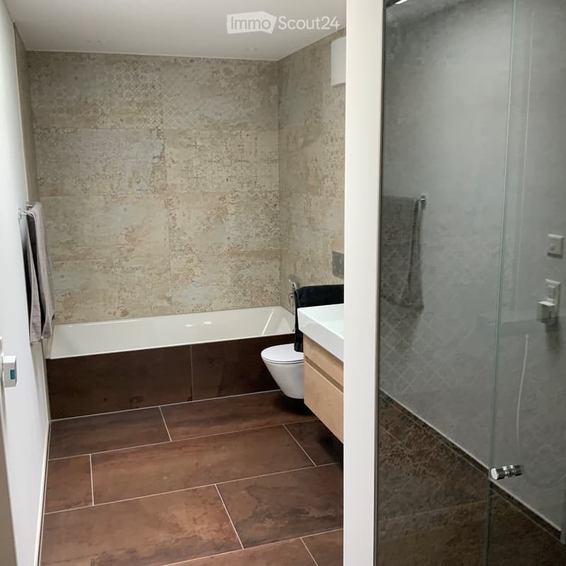 modern minimalist bathroom with brown tiles, white bathtub, shower enclosure, white toilet and wooden cabinet