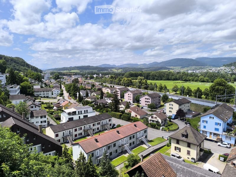 Aerial view of a residential neighborhood with multiple houses, surrounded by greenery and distant mountains.